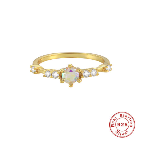 New S925 Sterling Silver Simple Retro Snowflake Color Stone Ring Japanese and Korean Style Elegant Niche High-end Diamond-encrusted Index Finger Ring