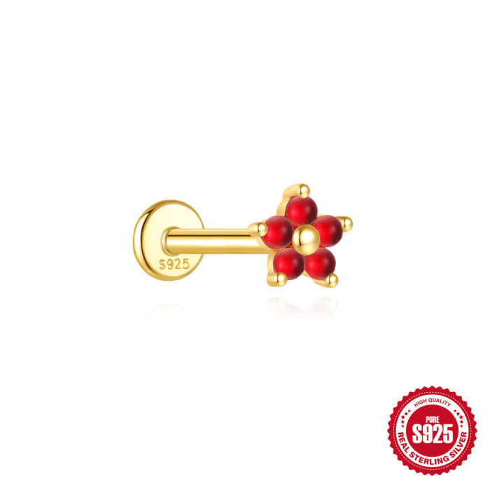 New S925 Sterling Silver Ultra Sparkling Colorful Diamond Flat Head Threaded Piercing Ear Bone Stud European and American French Style Geometric Elegant Earrings