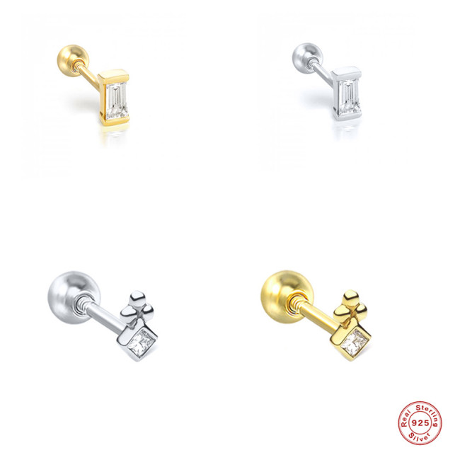 S925 Sterling Silver INS Square Geometric Diamond-Studded Piercing Threaded Earrings Korean and Japanese Internet Celebrity Body Piercing Jewelry