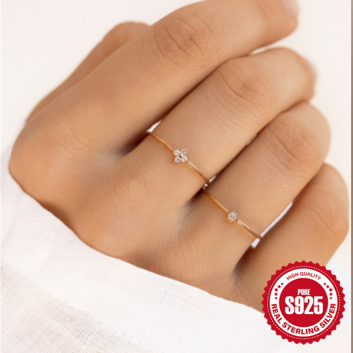 S925 Sterling Silver Crystal Flower Thin Ring Versatile Index Finger Ring Xiaohongshu Same Style INS Minimalist Ring