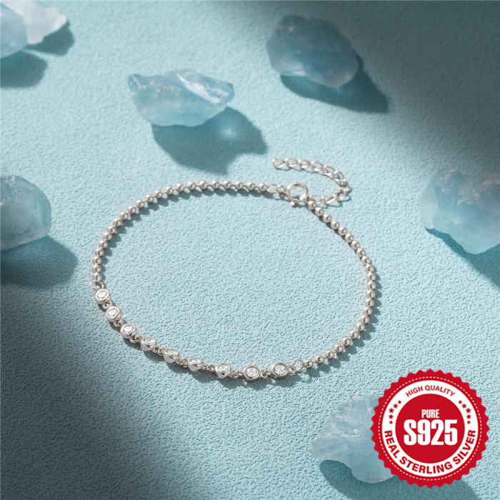 New 925 Sterling Silver Single Row Stone-Studded Small Gold Bead Chain Bracelet Korean Style Internet Celebrity Hot...