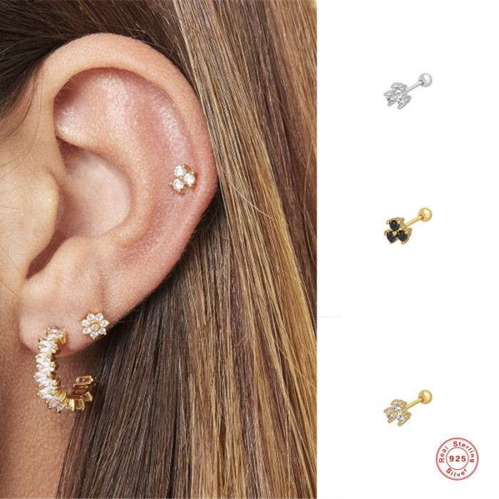 S925 Sterling Silver Triangle Three Diamond Threaded Piercing Single Earring European and American Bestselling Creative Earrings Vintage Style