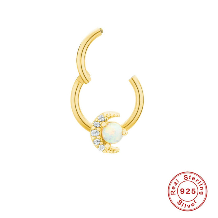 S925 Sterling Silver Crescent Moon Inlaid with Opal Stone Piercing Jewelry Nose Stud Nose Ring Ear Bone Stud Micro Inlaid Earrings