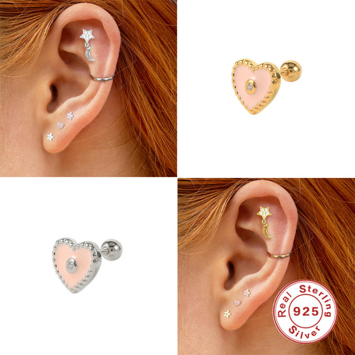 S925 Sterling Silver Single Spiral Piercing Heart Enamel Oil Drop Earrings European and American Fashion Personality Versatile Earrings