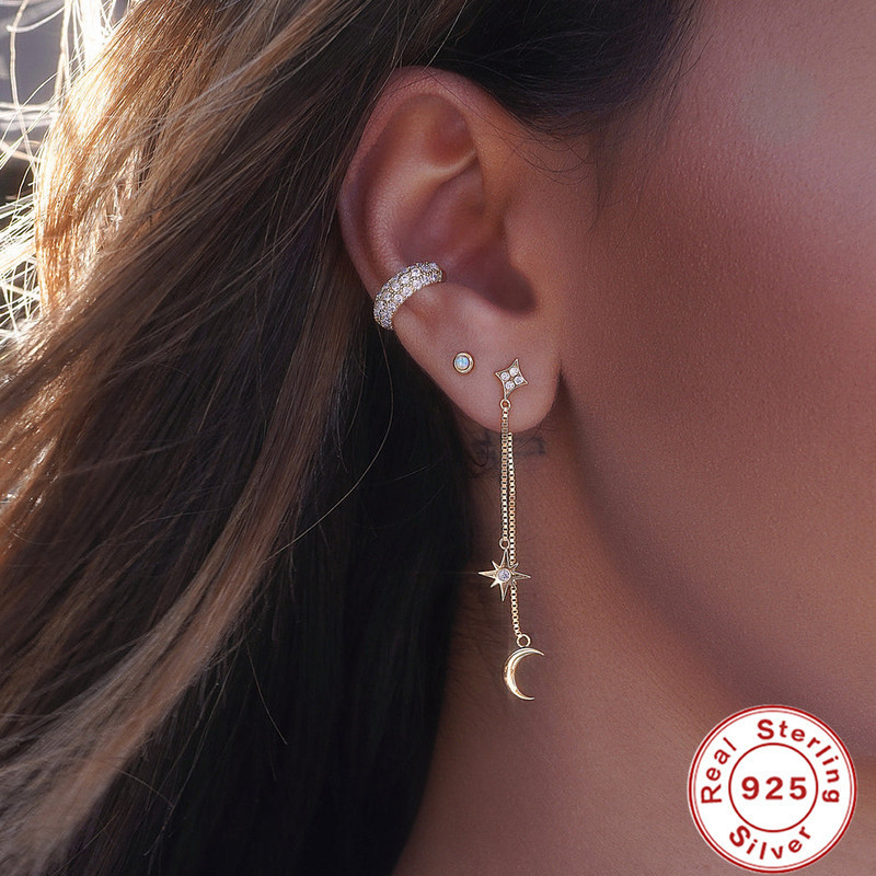 S925 Sterling Silver Chain Tassel Star Moon Inlaid Diamond Earrings Stud Earrings Korean Style Elegant Ear Thread Ear Jewelry