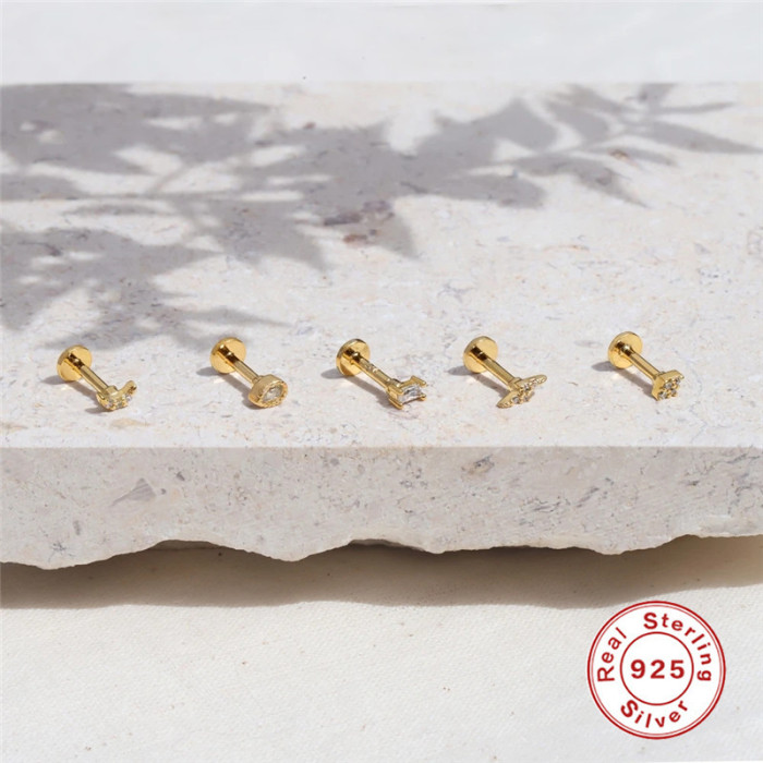 S925 Sterling Silver Square Diamond-Studded Threaded Piercing Cartilage Earrings Korean and Japanese Style Personality Trendy Simple INS Style Ear Bone Studs