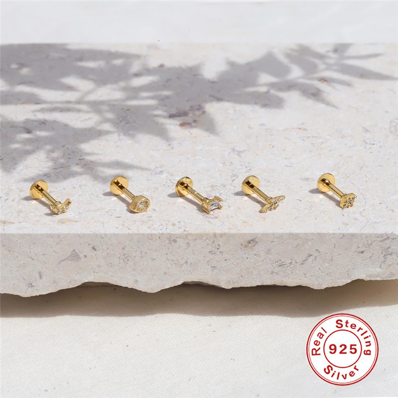 S925 Sterling Silver Square Diamond-Studded Threaded Piercing Cartilage Earrings Korean and Japanese Style Personality Trendy Simple INS Style Ear Bone Studs