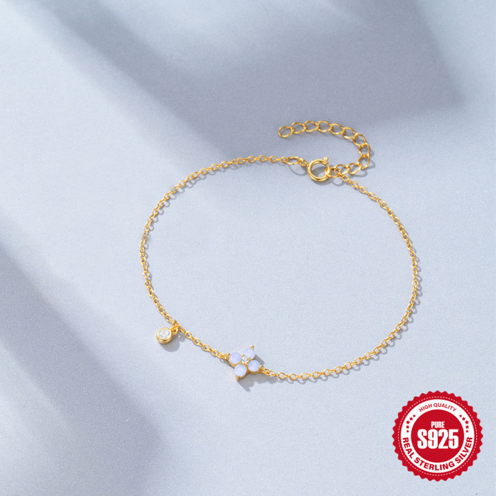 S925 Sterling Silver Blue Opal Lucky Clover Bracelet Hot-Selling Niche Design Sense Inlaid with Diamonds Versatile Je...