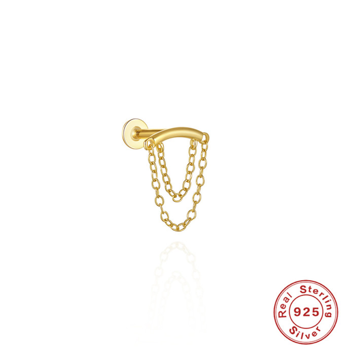 S925 Sterling Silver Tassel Pearl Double Chain Piercing Ear Bone Stud Earrings European and American Hot Selling Creative Minimalist Style Earrings