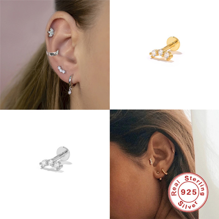 S925 Sterling Silver INS Style Three Diamond Piercing Earrings AliExpress Hot Sale Flat Head Threaded Piercing Cartilage Studs