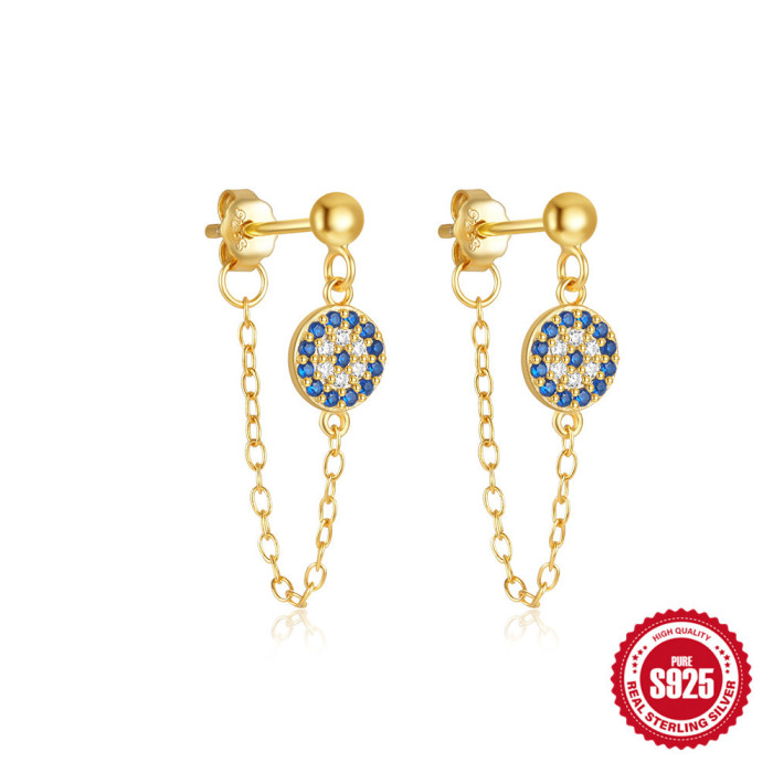 S925 Sterling Silver Inlaid Diamond Pearl Tassel Chain Earrings Studs European and American Hot-Selling Geometric Star Moon High-End Earrings