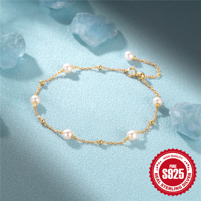 S925 Sterling Silver Round Bead Pearl Adjustable Versatile Bracelet Hot Selling Temperament Personality INS Minimalis...