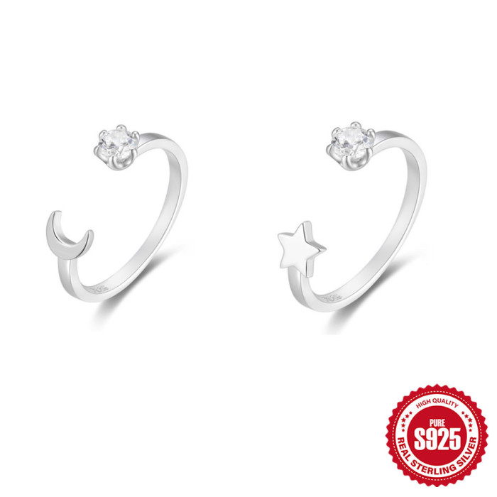 New S925 Sterling Silver Versatile Inlaid Diamond Star Moon Open Ring Korean and Japanese Niche Design Index Finger Ring