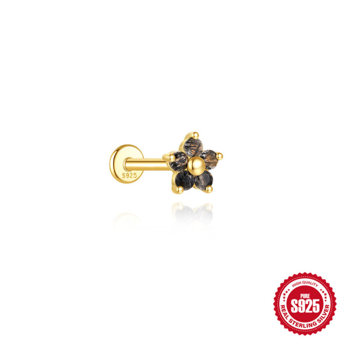 S925 Sterling Silver Horse Eye Tassel Black Rutilated Quartz Natural Stone Flat Head Threaded Piercing Ear Bone Stud European and American Hot Selling Ear Jewelry