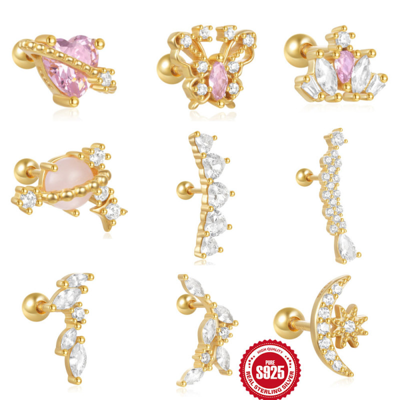 S925 Sterling Silver Pink Diamond Butterfly Ear Bone Stud Niche Hollow Design Versatile Personality Piercing Twist Ball Ear Bone Stud Earrings