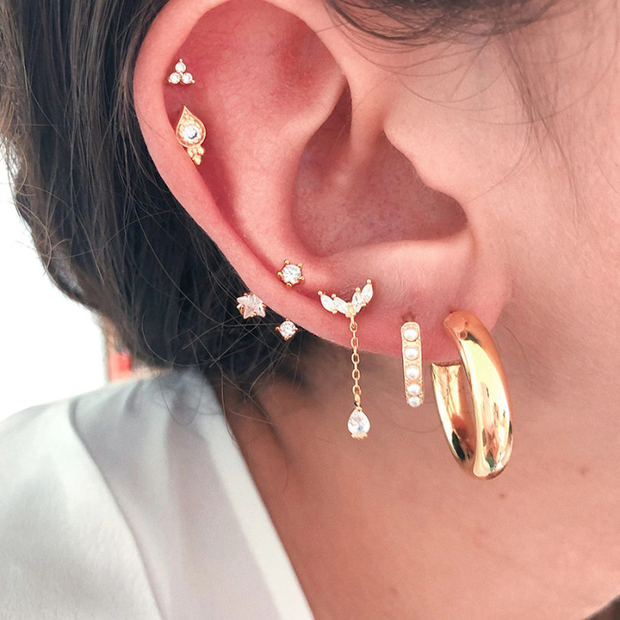 S925 Sterling Silver Geometric Triangle Inlaid Diamond Colorful Piercing Threaded Earrings European and American Hot-Selling Mini Ear Bone Stud Earrings for Women