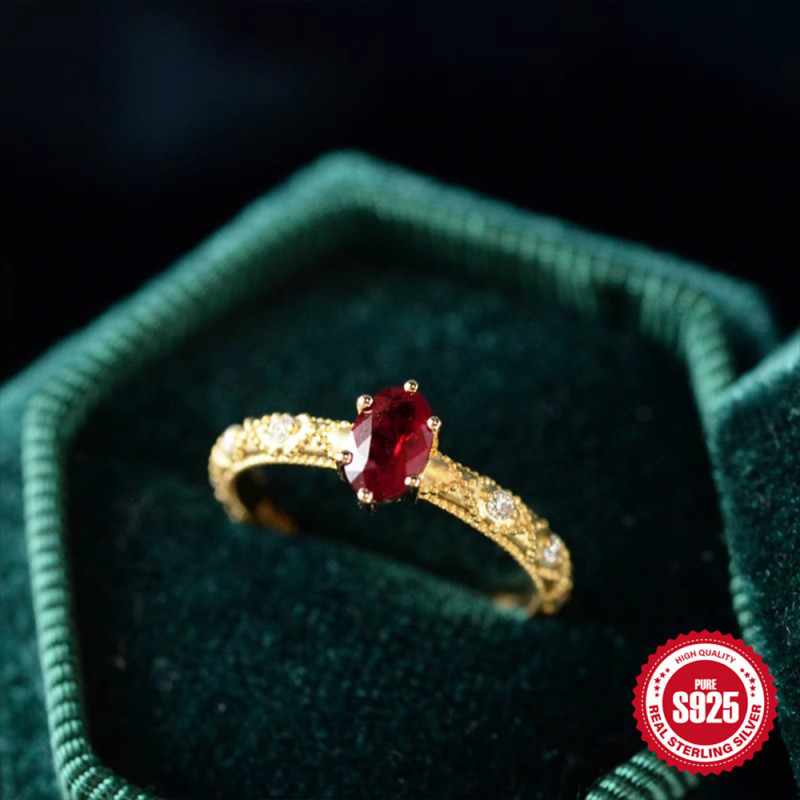S925 Sterling Silver Egg-Shaped Gold-Plated Adjustable Open Ring European and American Hot-Selling Elegant Vintage Court Style Index Finger Ring