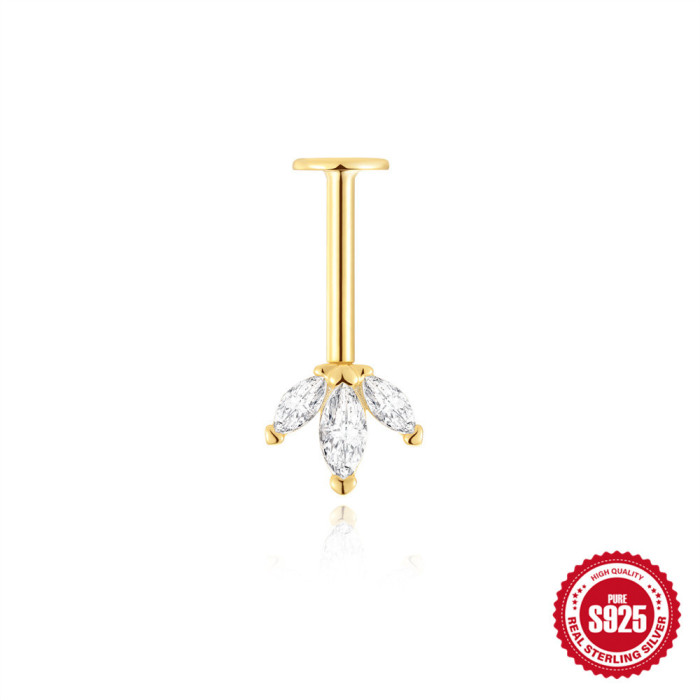 S925 Sterling Silver Pearl Butterfly Soft Bone Flat Head Spiral Piercing Ear Bone Stud European and American Hot Selling Geometric Diamond-Encrusted Ear Jewelry