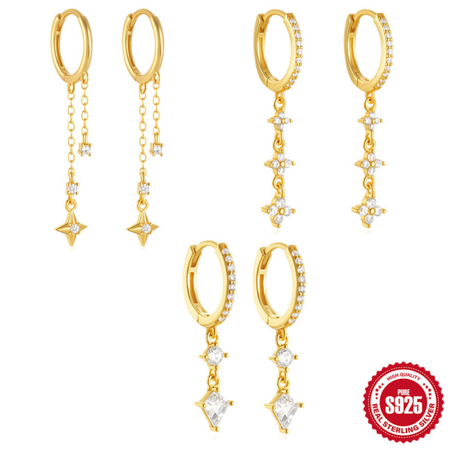 925 Sterling Silver Inlaid Diamond Flower Four-Pointed Star Tassel Earrings Light Luxury Earrings European and American Cross-Border Hot Selling INS Style Earrings