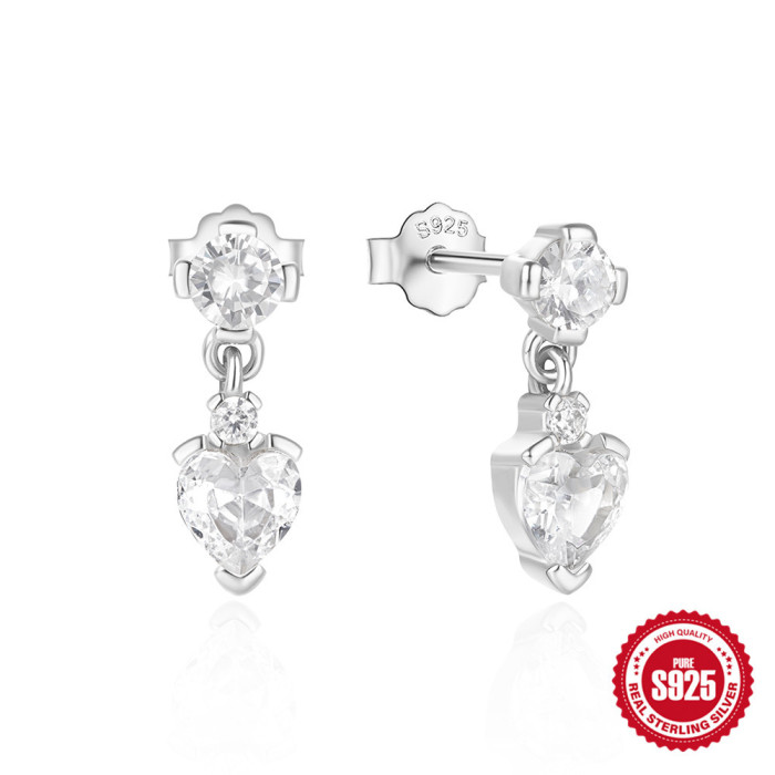 S925 Sterling Silver Heart Zircon Earrings with Inlaid Diamonds, Korean and Japanese INS Niche Light Luxury Design Versatile Earrings for Women