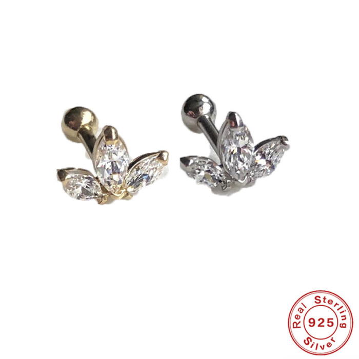 S925 Sterling Silver Crown Marquise Zirconia Inlaid Diamond Threaded Piercing Ear Bone Stud European and American Trend INS Body Piercing Stud