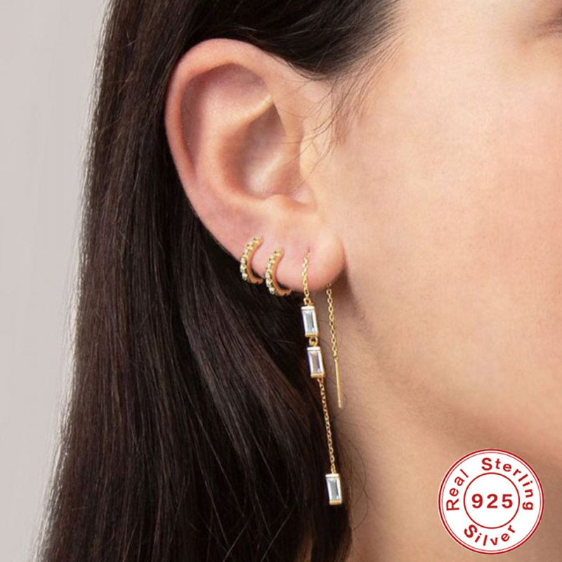 S925 Sterling Silver Rectangular Zircon Inlaid Diamond Chain Earrings Studs Korean Style Long Tassel Ear Thread Elegant Earrings for Women