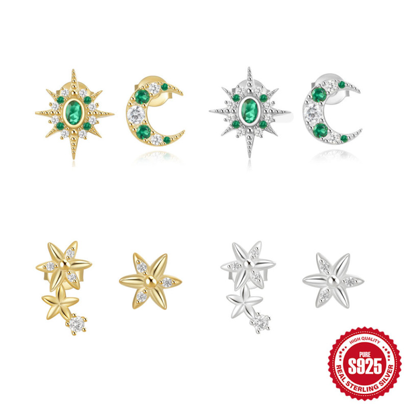 New 925 Sterling Silver Eight-Pointed Star Moon Flower Inlaid Diamond Asymmetric Stud Earrings European and American Summer Hot-Selling Earrings