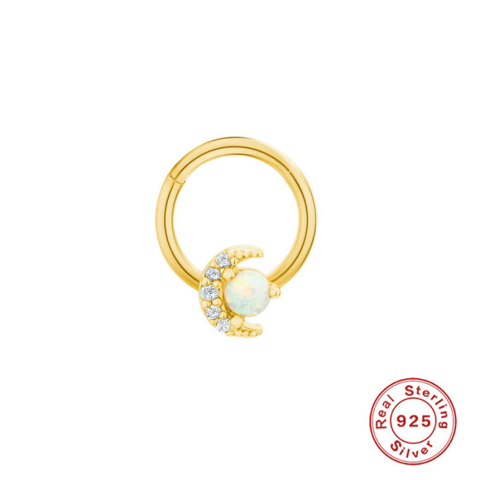 S925 Sterling Silver Crescent Moon Inlaid with Opal Stone Piercing Jewelry Nose Stud Nose Ring Ear Bone Stud Micro Inlaid Earrings