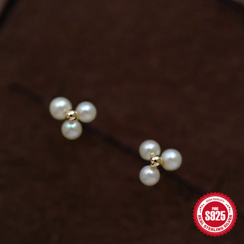 S925 Sterling Silver Three Mini Pearl Stud Earrings Korean and Japanese Style Gentle Flower Shape Elegant Versatile Earrings Accessories