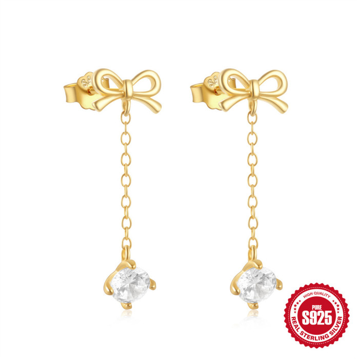 S925 Sterling Silver Tassel Long Bowknot Inlaid Diamond Ear Thread Earrings Exquisite Niche Star Moon Stud Earrings for Women