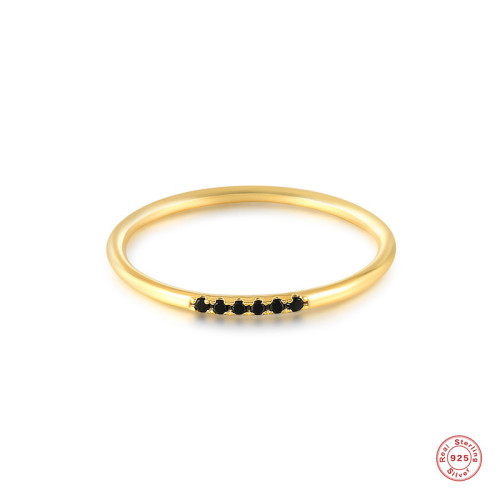 S925 Sterling Silver Mini Single Row Black Diamond Engagement Ring Korean and Japanese Style Elegant Personality Light Luxury INS Style Ring