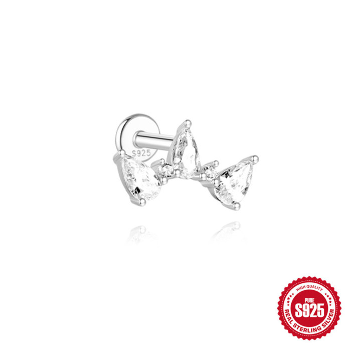 925 Sterling Silver Diamond-Studded Tassel Piercing Threaded Flat Ear Bone Stud Earrings European and American Hot Selling Ins Platinum Plated Ear Jewelry