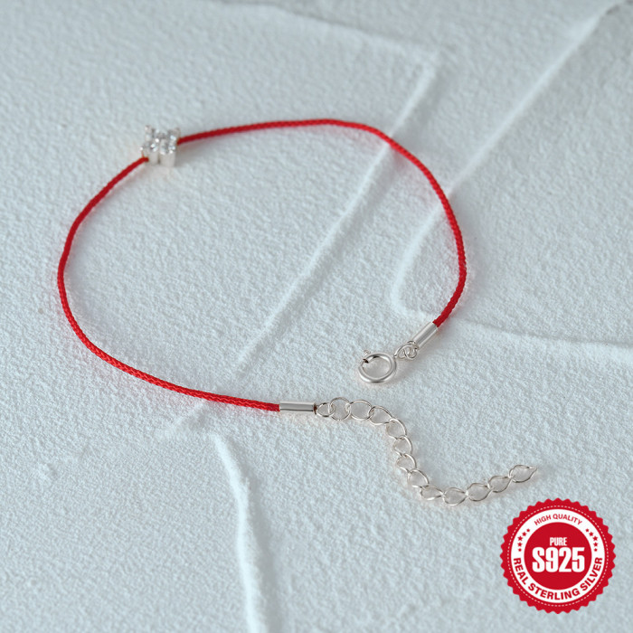 925 Sterling Silver Flower Inlaid Diamond Red Rope Bracelet for Women, Popular on Xiaohongshu, Versatile Couple Bracelet Jewelry