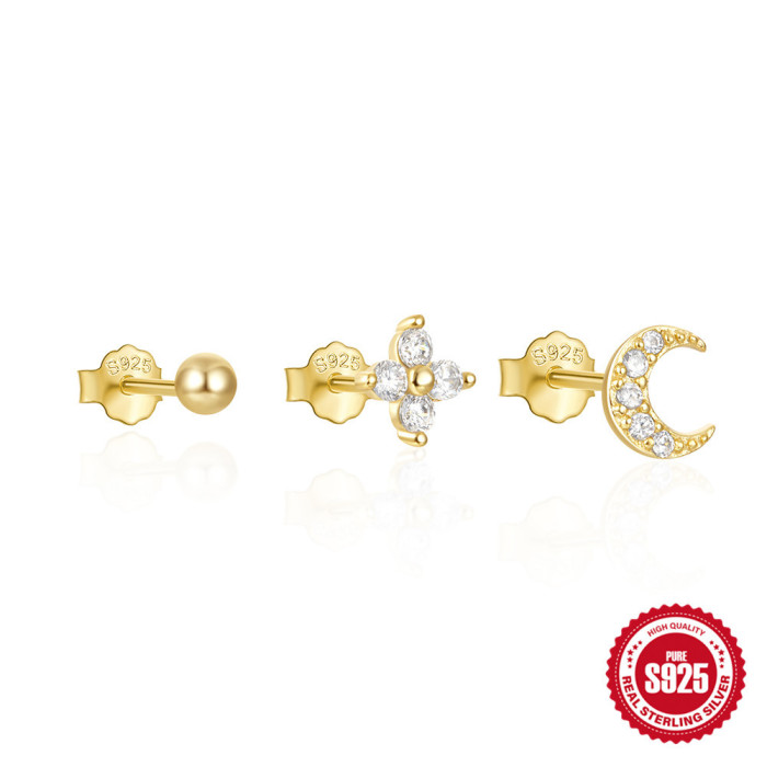 New 925 Sterling Silver Geometric Star Moon Diamond Set Earrings European and American Hot Selling Elegant Pearl Earrings Jewelry