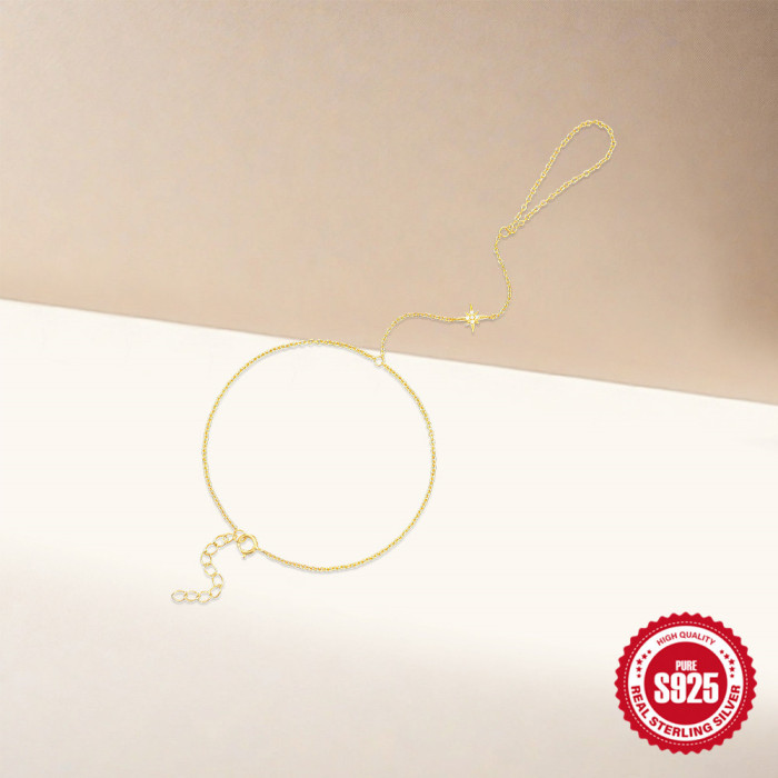 New S925 Sterling Silver Elegant Diamond-Studded Eight-Pointed Star Versatile Bracelet Korean Style High-End Design Connected Ring Bracelet for Women