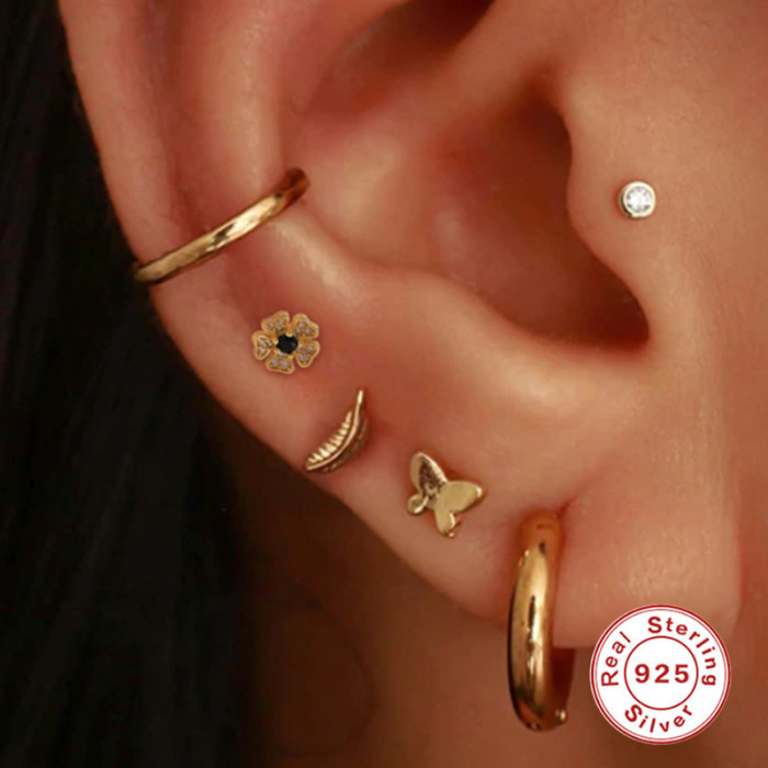S925 Sterling Silver INS Creative Geometric Flower Flat Head Threaded Piercing Stud Earrings Jewelry European and American Hot Selling Ear Bone Stud