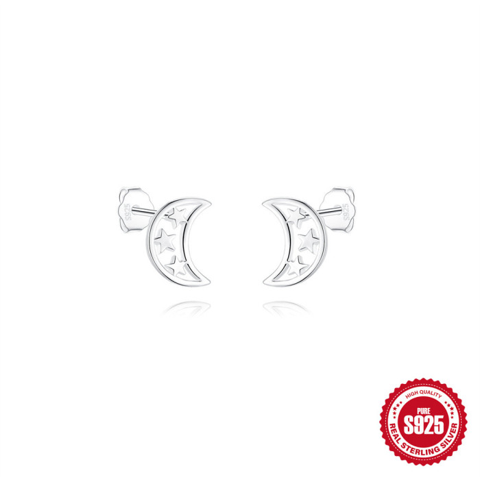 S925 Sterling Silver Moon Heart-shaped Open Double Heart Zircon Earrings Studs Korean and Japanese Niche Design Sense Five-pointed Star Ear Jewelry