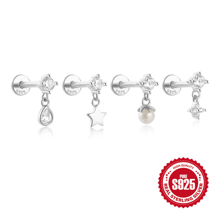 925 Sterling Silver Five-Pointed Star Water Drop Inlaid Diamond Flat Head Threaded Piercing Ear Bone Stud European and American Hot-Selling Elegant Pearl Earrings