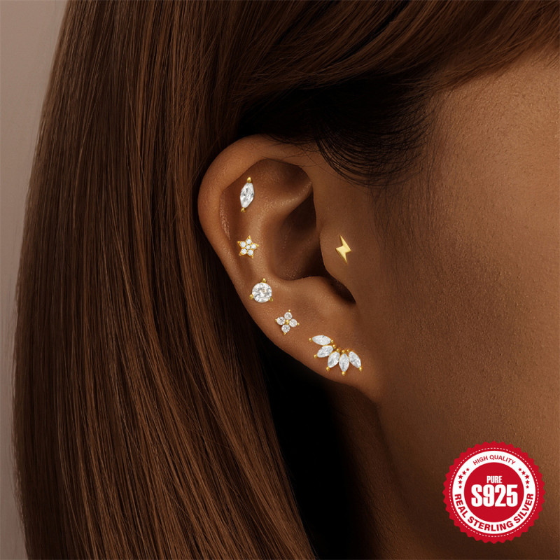 S925 Sterling Silver Horse Eye Inlaid Diamond Crown Double-Sided Wearable Soft Bone Thread Piercing Ear Bone Stud European and American New Style Earrings for Women