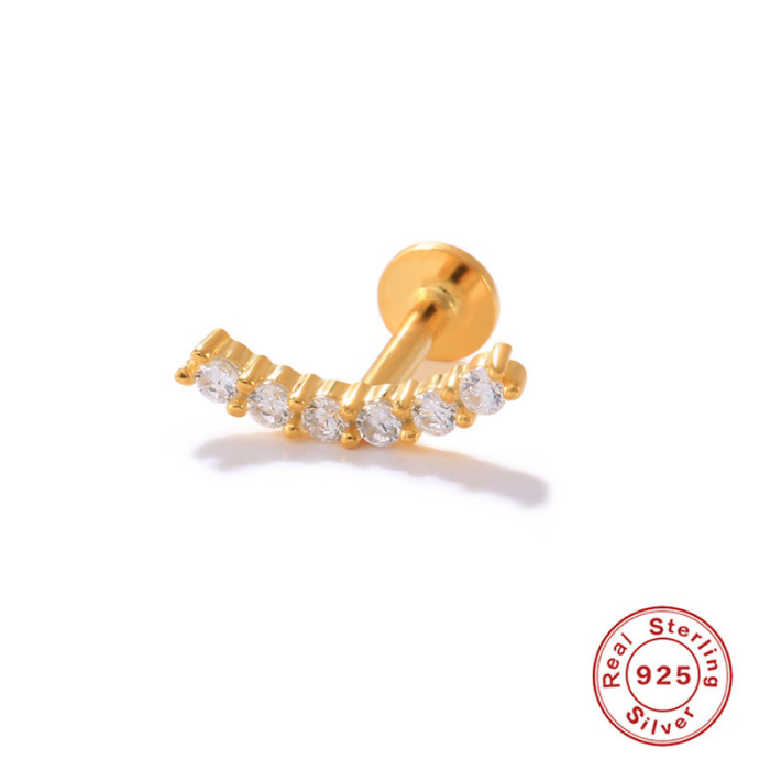 S925 Sterling Silver Curved Single Row Diamond Stud Earrings European and American Hot Selling Personality INS Thread Piercing Cartilage Stud Earrings