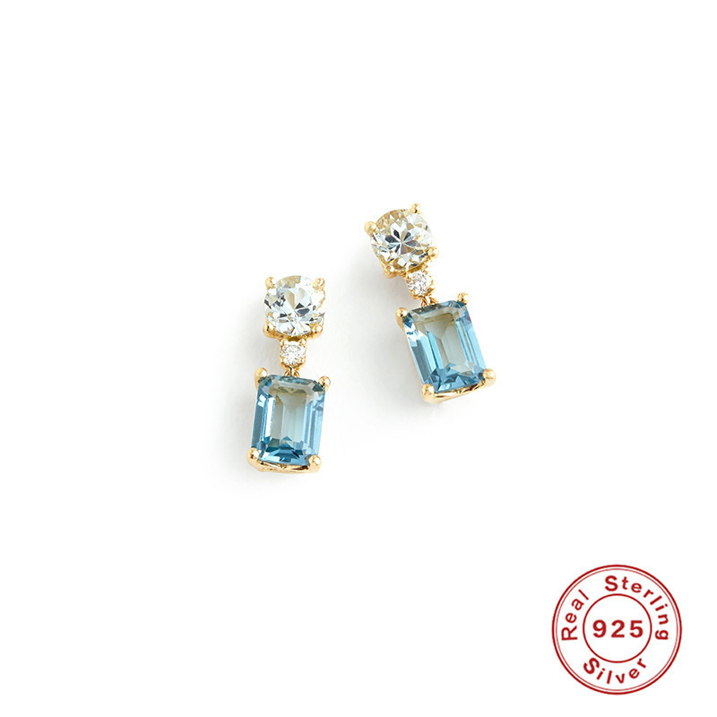 S925 Sterling Silver Four-Prong Inlaid Diamond Stud Earrings Fresh Sea Blue Diamond Earrings for Women European and American French Style Fashionable Accessories