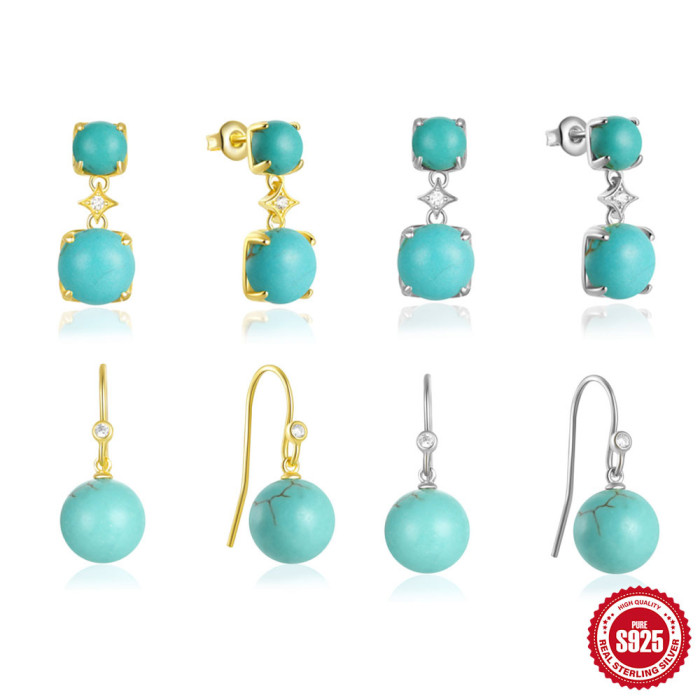 925 Sterling Silver Diamond-Studded Light Luxury Niche Luxury Turquoise Earrings Ear Hooks Ear Jewelry European and American Hot-Selling French Style Accessories