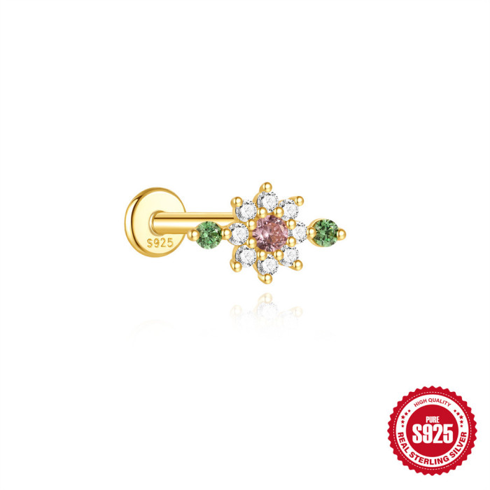 S925 Sterling Silver Geometric Colorful Diamond Fun Dinosaur Flat Head Threaded Piercing Ear Bone Stud European and American Cross-Border Hot-Selling Ear Jewelry