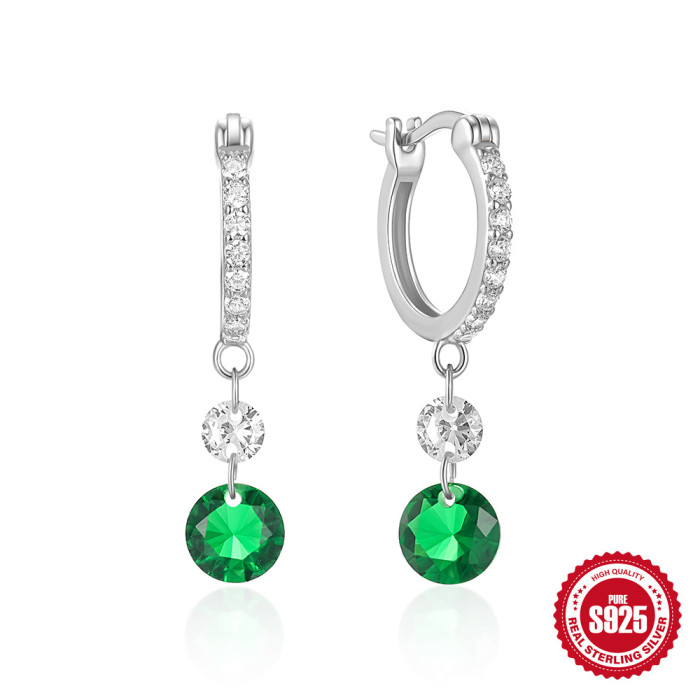 S925 Sterling Silver Super Sparkling Diamond-Encrusted Emerald Gemstone Hoop Earrings Ear Clips European and American Hot-Selling French Style INS Earrings