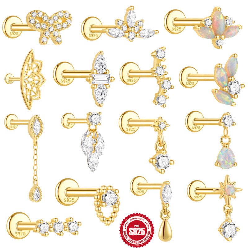 S925 Sterling Silver Geometric Inlaid Diamond Bowknot Flat Head Threaded Piercing Ear Bone Stud New Hot Selling Light Luxury Opal Earrings