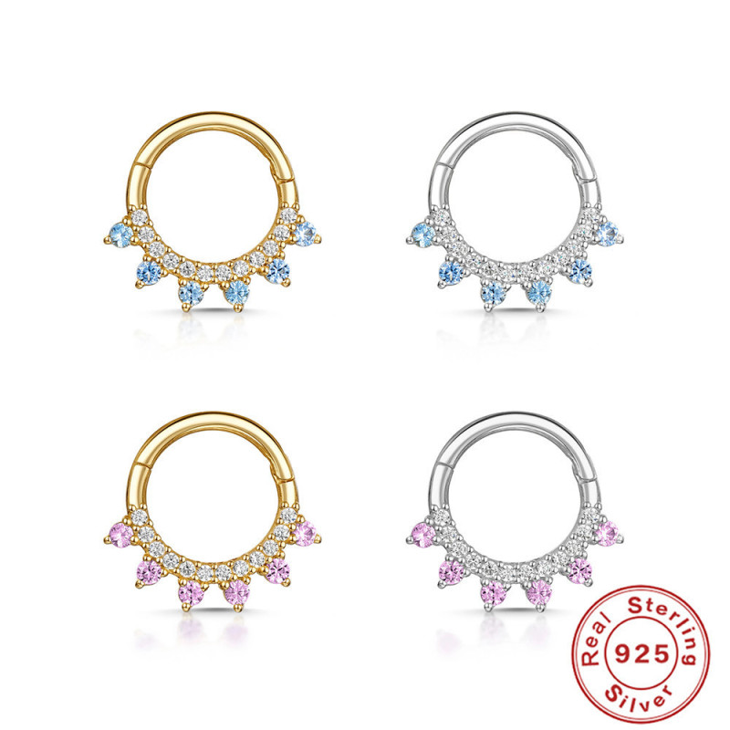 S925 Sterling Silver Body Piercing Cartilage Round Nose Ring Open Ring Piercing Zircon Fashion Nose Hoop Earrings Ear Jewelry for Women