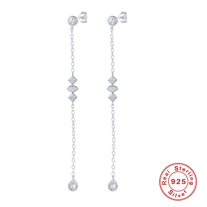 S925 Sterling Silver Tassel Chain INS Stone-Inlaid Earrings Studs Ear Lines Japanese and Korean Style Elegant Light...
