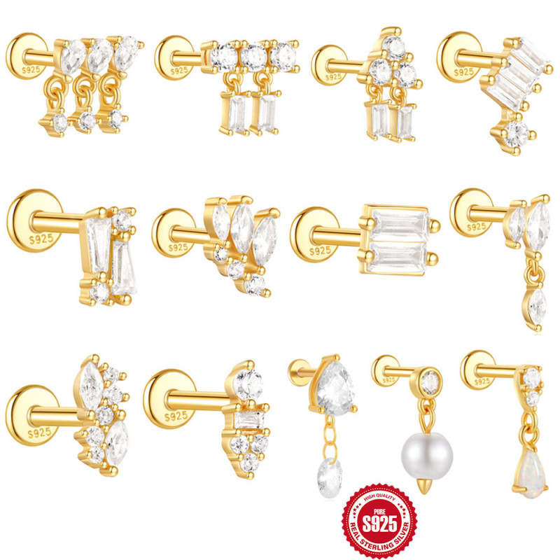 S925 Sterling Silver Exquisite Australian Opal Diamond-Studded Flat Spiral Piercing Ear Bone Stud European and American Hot-Selling Geometric Ear Jewelry