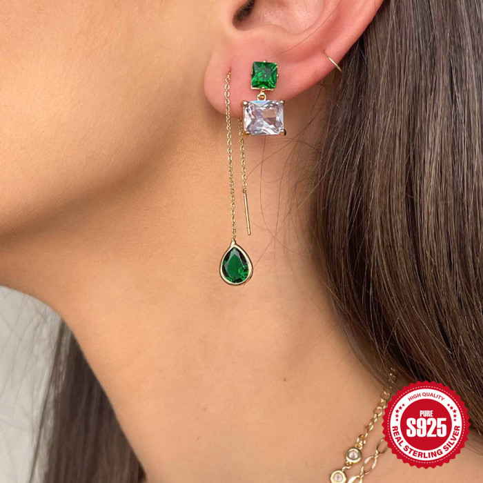 S925 Sterling Silver Gold Water Drop Threader Earrings European and American Fashion Ins Style High-end Versatile Socialite Elegant Earrings
