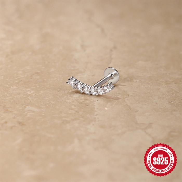 S925 Sterling Silver Curved Single Row Diamond Stud Earrings European and American Hot Selling Personality INS Thread Piercing Cartilage Stud Earrings